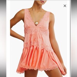 Free People Coral Lace Trim Chemise